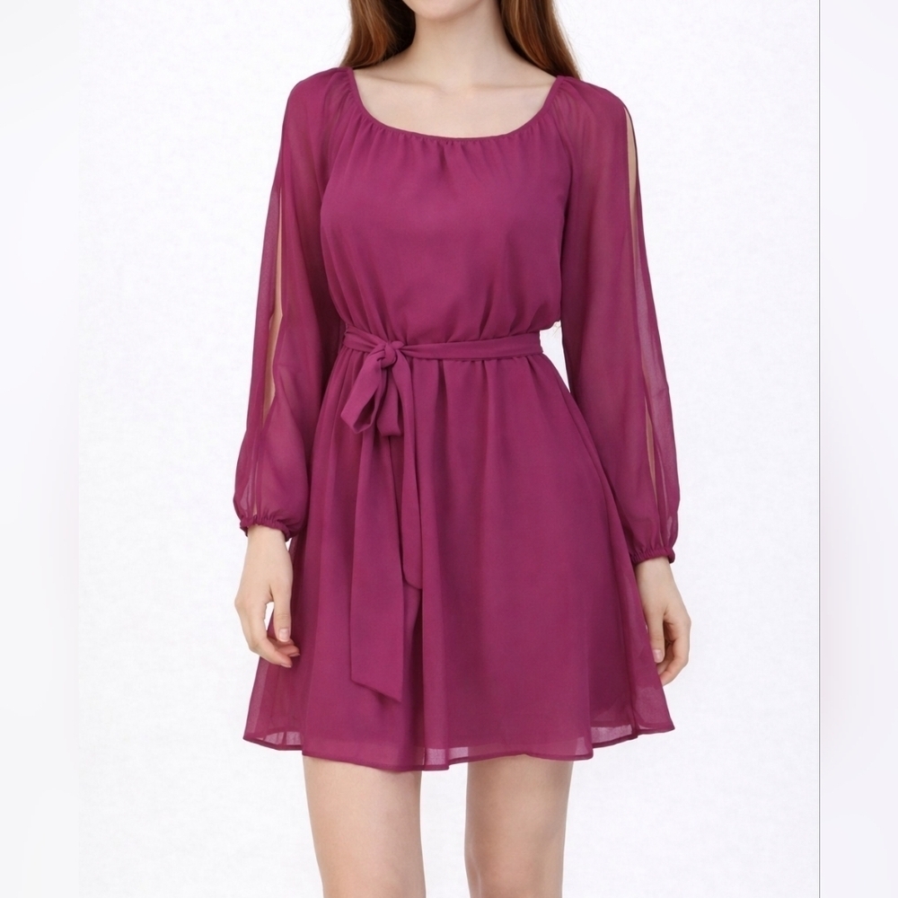 JEALOUS TOMATO Magenta Chiffon Slit Sleeve Tie Waist Fairycore Mini Dress